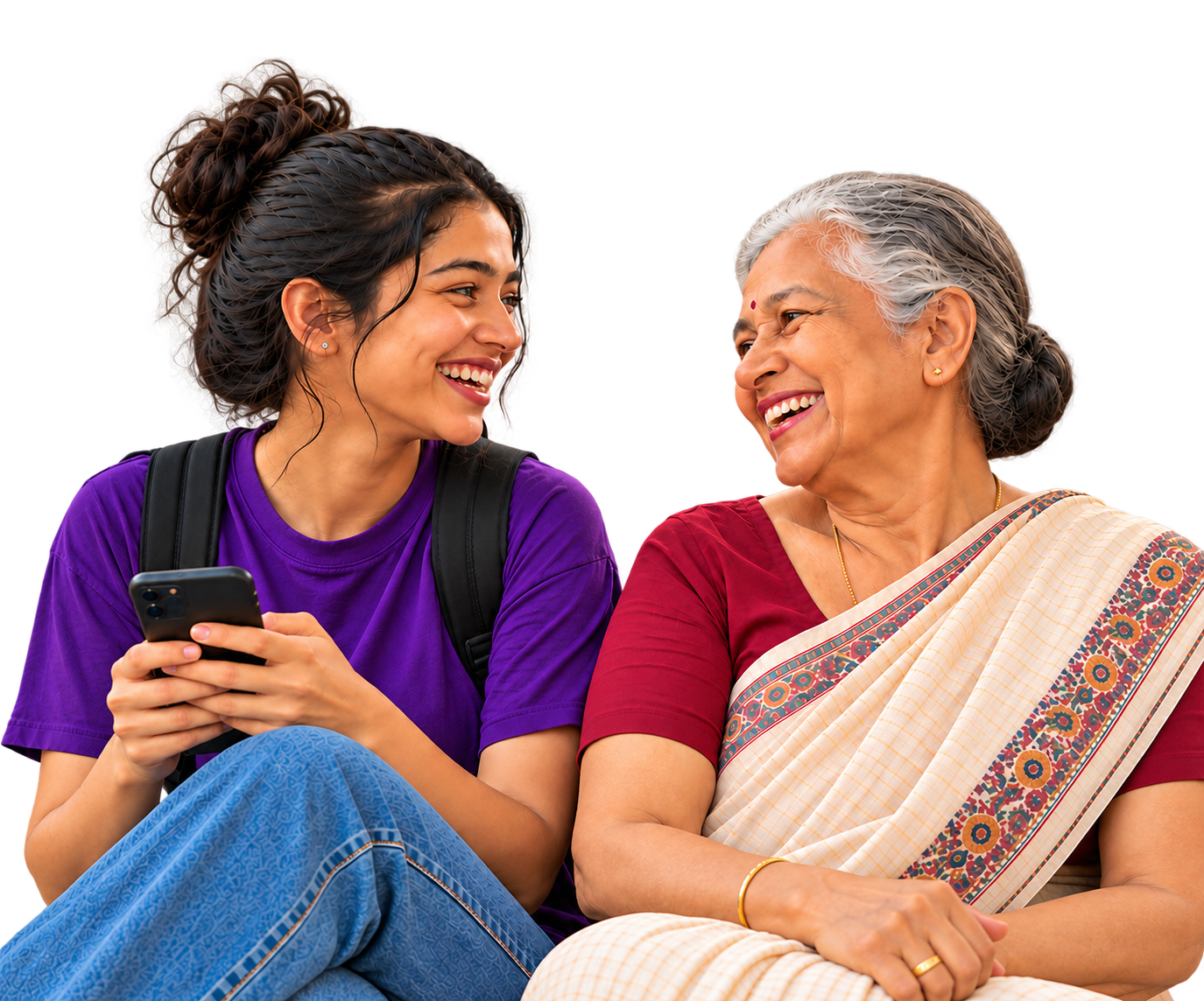 A young woman with an elderly woman, smiling together and looking at a phone